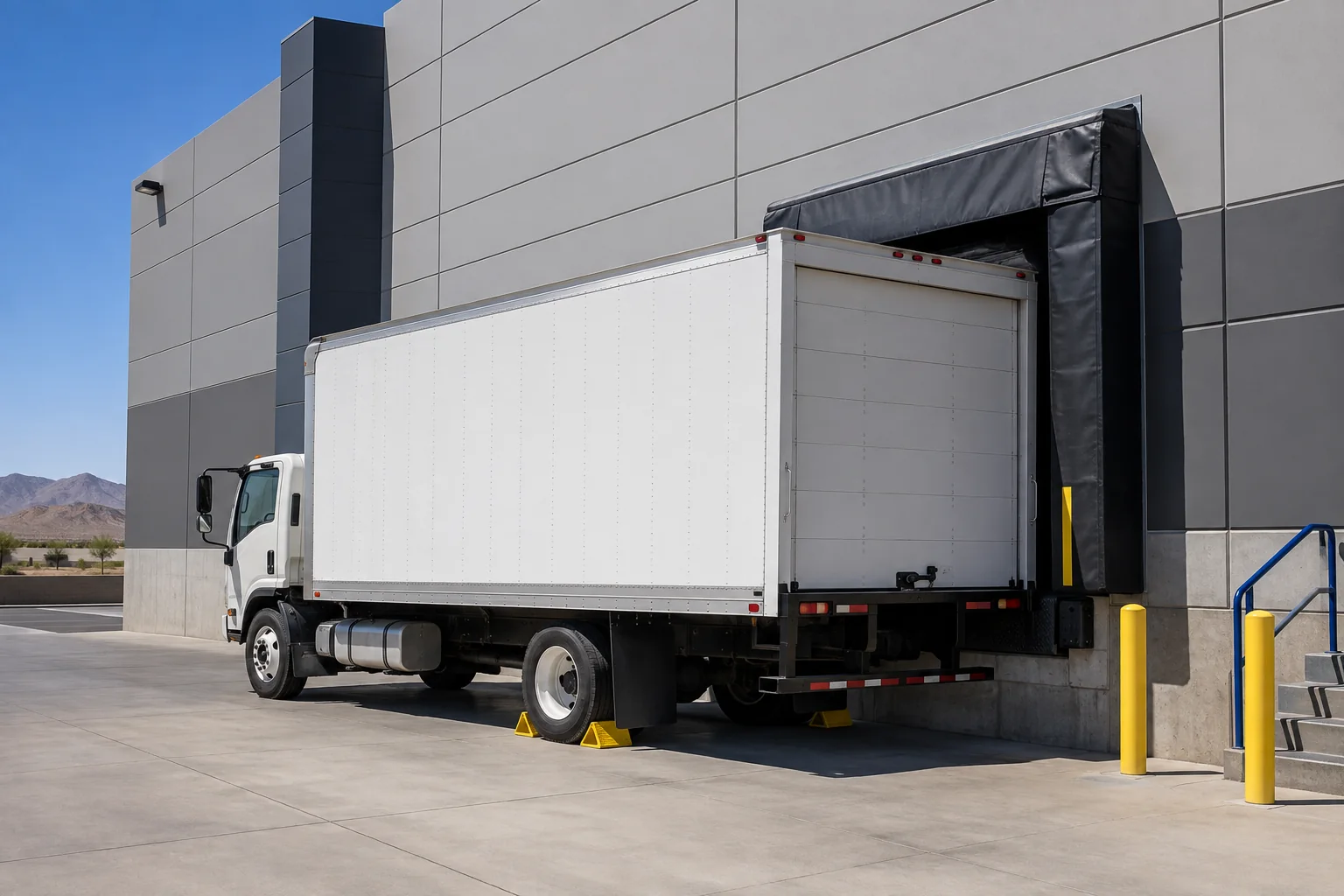 White box truck positioned at a single warehouse loading dock in desert daylight
