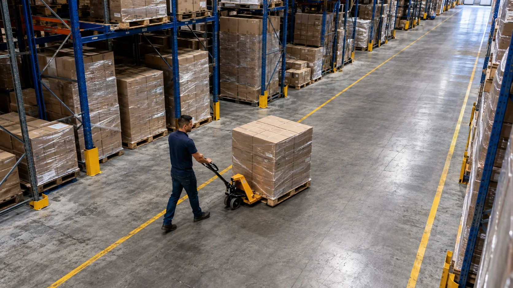 Warehouse worker guiding a manual pallet jack through an aisle of wrapped pallets
