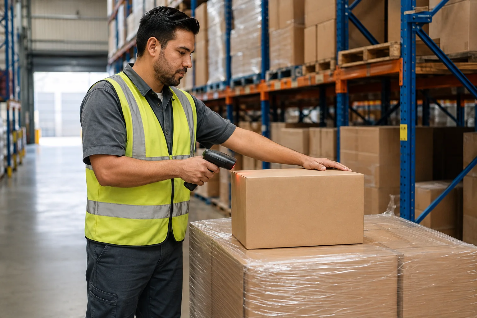 Warehouse worker using a handheld scanner on a plain carton resting on a wrapped pallet