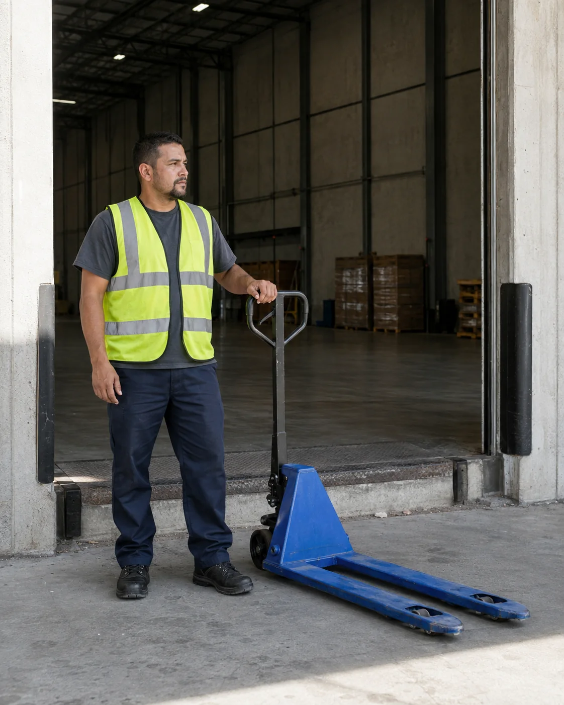 Warehouse worker standing beside a stationary manual pallet jack at an open dock doorway